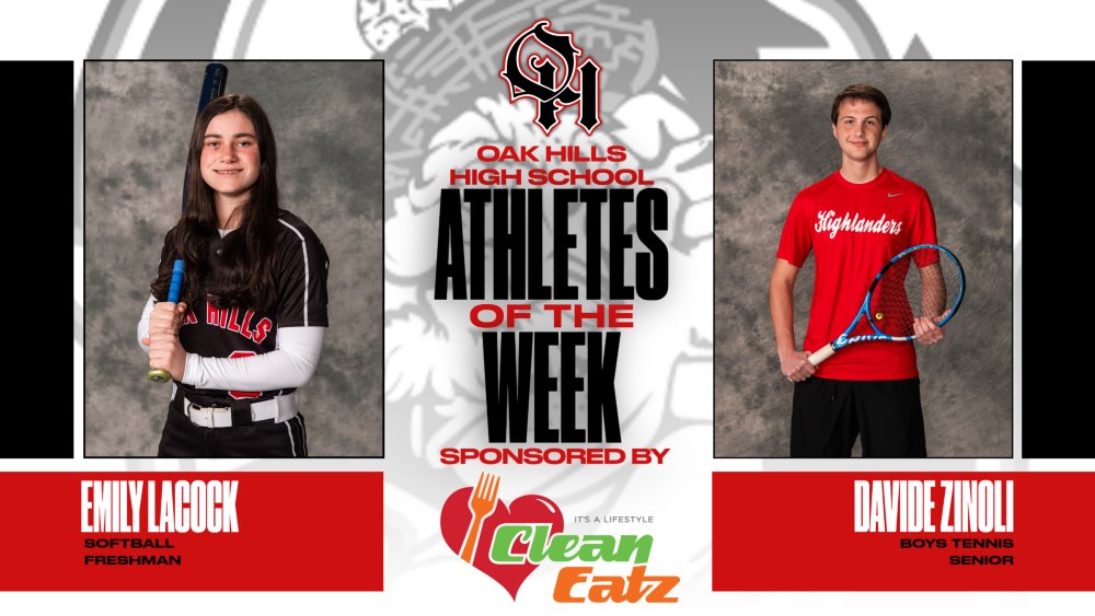Mr. Seiler (@highlandermath) on Twitter photo Congratulations to freshman Emily Lacock - Softball and senior Davide Zinoli - Boys' Tennis for being named the <a href="/cleaneatzlife/">Clean Eatz</a> OHHS Athletes of the Week!
<a href="/WeAreOakHills/">Oak Hills AD</a> <a href="/gmcsports/">GMC Sports</a> <a href="/OakHills_HS/">OHHS Highlanders</a> <a href="/OakHillsSB/">Oak Hills Softball</a> <a href="/dunewall/">Duane Wallace</a> <a href="/CoachJackieSB/">Jackie Cornelius</a> <a href="/OHBoosters/">Oak Hills Athletic Boosters</a> <a href="/CoachKPross/">Coach Kyle Prosser</a> Congratulations to freshman Emily Lacock - Softball and senior Davide Zinoli - Boys' Tennis for being named the <a href="/cleaneatzlife/">Clean Eatz</a> OHHS Athletes of the Week!
<a href="/WeAreOakHills/">Oak Hills AD</a> <a href="/gmcsports/">GMC Sports</a> <a href="/OakHills_HS/">OHHS Highlanders</a> <a href="/OakHillsSB/">Oak Hills Softball</a> <a href="/dunewall/">Duane Wallace</a> <a href="/CoachJackieSB/">Jackie Cornelius</a> <a href="/OHBoosters/">Oak Hills Athletic Boosters</a> <a href="/CoachKPross/">Coach Kyle Prosser</a>