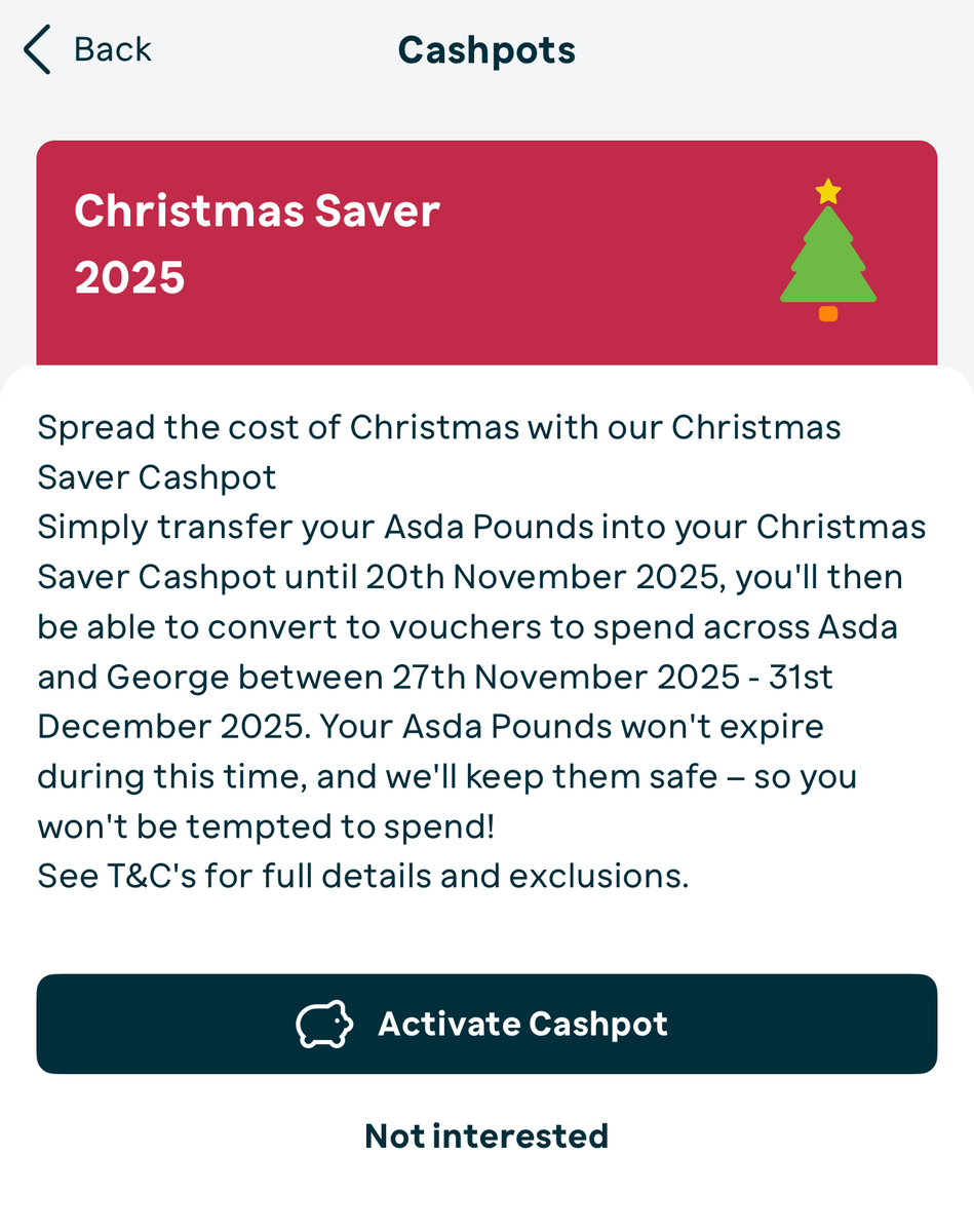 The Asda Christmas 2025 Saver Cashpot is now ready to activate in your Asda Rewards App🎄🎊!