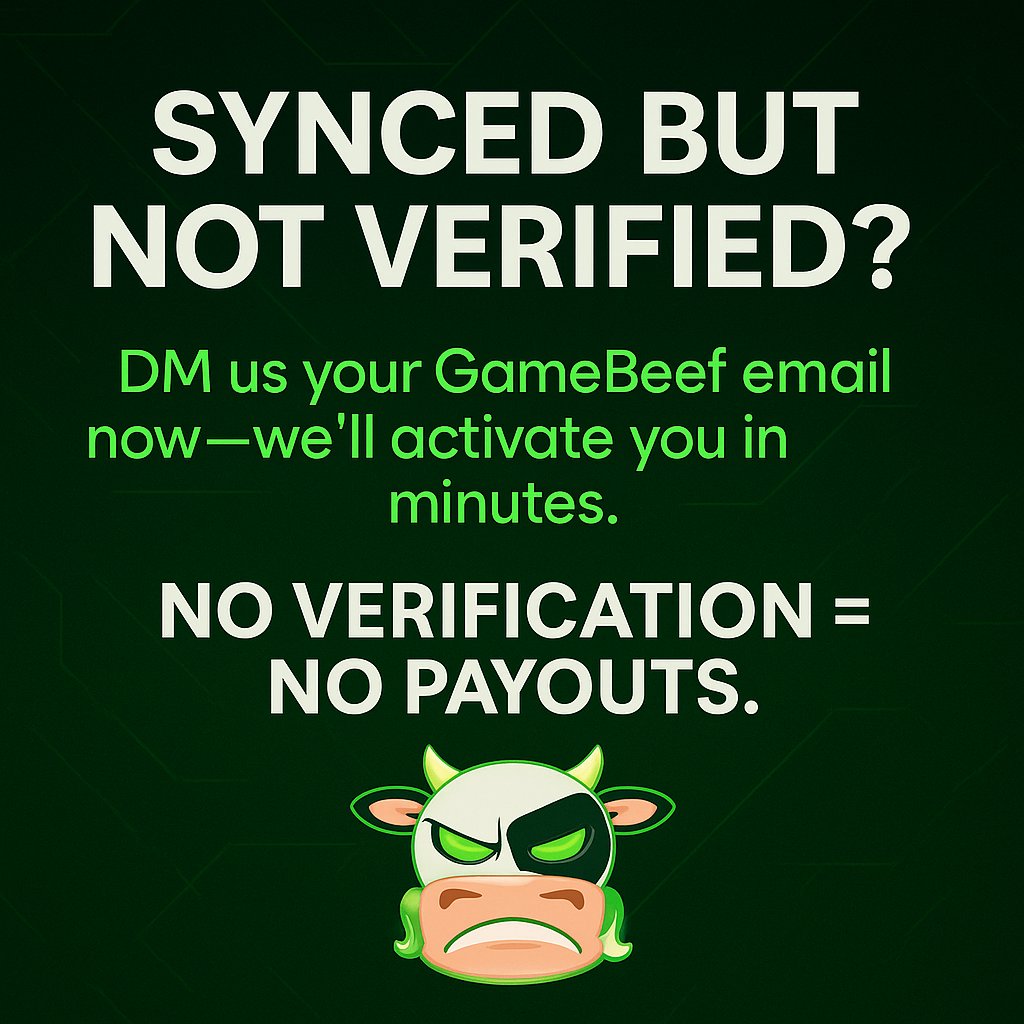 BetGameBeef's tweet image. Synced but not verified?
You’re missing rewards.
DM us your GameBeef email now — we’ll activate you in minutes.
No verification = no payouts.
[GameBeef.com]
#GameBeef #GamerAlert #PlayAndEarn #CryptoGaming