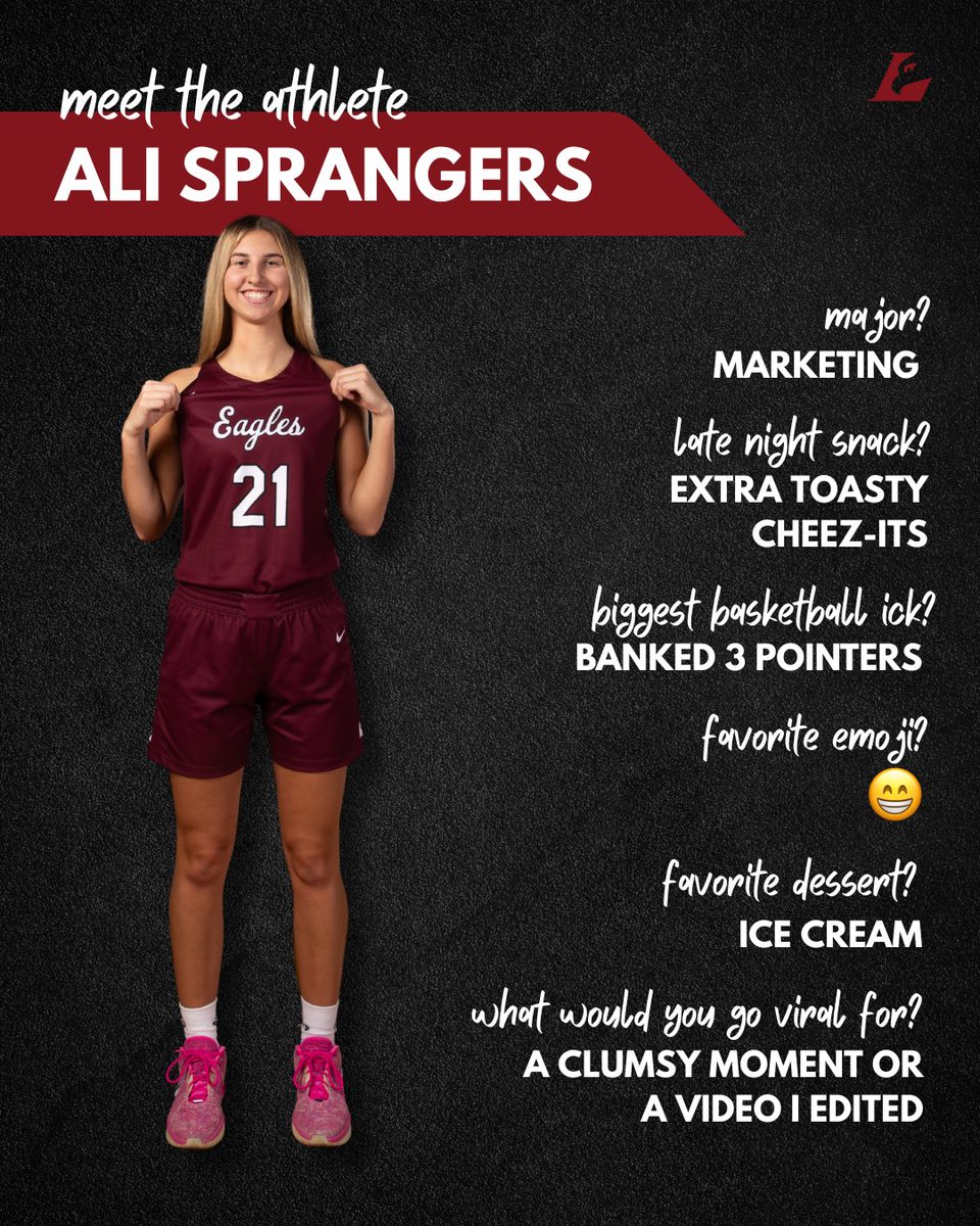 🦅 Meet the Athlete: Ali Sprangers 🦅

Repping #21 on the court, Ali is a junior from Appleton, Wisconsin, majoring in Marketing. Whether she’s sinking threes (but not off the bank 😉) or bringing her creativity to video edits, Ali keeps the Eagles energized on and off the court!