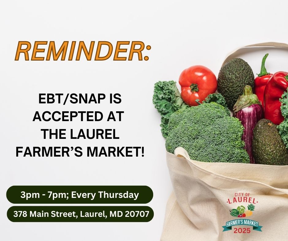 Just 1 more day until the Laurel Farmers Market! Come out to enjoy great produce, products, and music! See you tomorrow from 3pm to 7pm at 378 Main Street!
For a list of participating vendors, visit: cityoflaurel.org/1617/Laurel-Fa… #ShopLocal #LaurelFarmersMarket