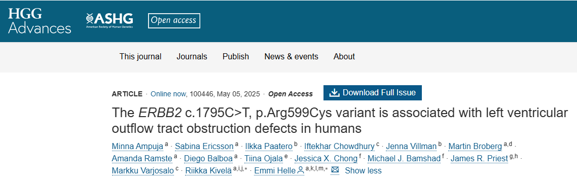 Human Genetics and Genomics Advances (@hggadvances) on Twitter photo 🚨Online now!
📄The ERBB2 c.1795C>T, p.Arg599Cys variant is associated with left ventricular outflow tract obstruction defects in humans
🧑🤝🧑<a href="/AmpujaMinna/">Minna Ampuja</a> <a href="/EmmiHelle/">Emmi Helle</a> & co
👉bit.ly/3RMBXoG 🚨Online now!
📄The ERBB2 c.1795C>T, p.Arg599Cys variant is associated with left ventricular outflow tract obstruction defects in humans
🧑🤝🧑<a href="/AmpujaMinna/">Minna Ampuja</a> <a href="/EmmiHelle/">Emmi Helle</a> & co
👉bit.ly/3RMBXoG