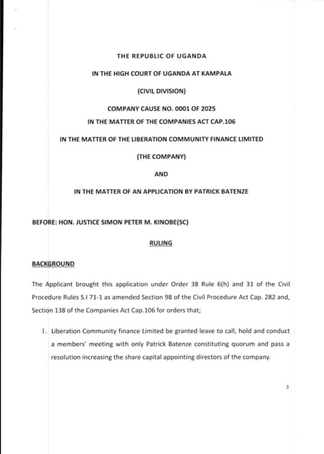 Court grants leave for Single shareholder to conduct Company Meetings and pass resolutions.

Hon Justice <a href="/SPKinobe2018/">SP Kinobe</a> relied on Section 138 of the Companies Act (Cap. 106), which permits the court to order alternative meeting procedures where it is "impracticable" to convene...