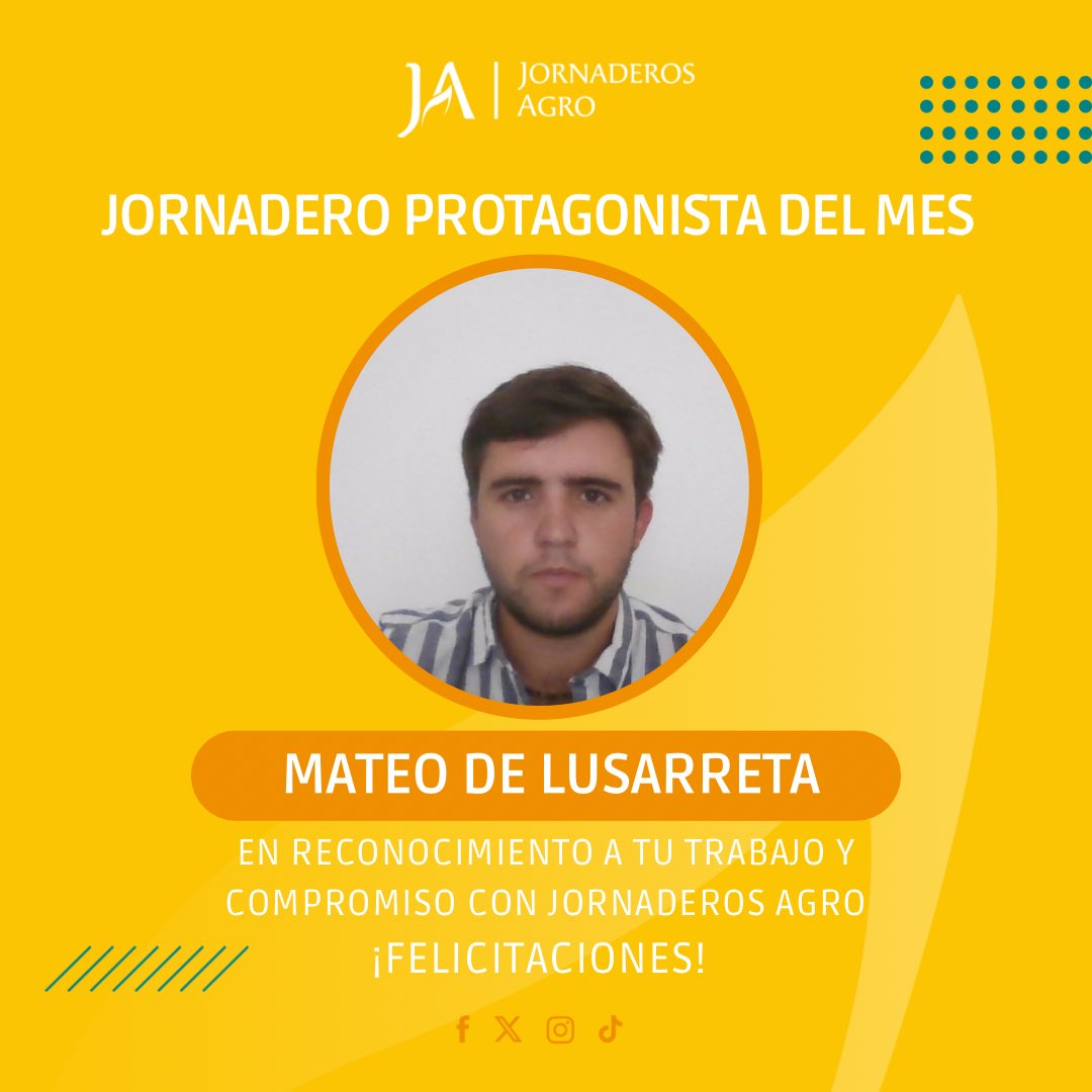 Desde Jornaderos Agro queremos destacar el trabajo y dedicación de Mateo de Lusarreta, Jornadero Protagonista del mes de abril.

¡Felicitaciones! 🚀

Seguimos formando jóvenes líderes 💪🏼