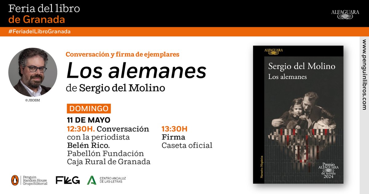 Alfaguara (@alfaguaraes) on Twitter photo ¡Nos vamos a la <a href="/ferialibrogr/">Feria Libro Granada #FLG43 #FLG25</a>!
Nos acompañará <a href="/sergiodelmolino/">Sergio del Molino</a>, ganador del #PremioAlfaguara con «Los alemanes» ⬇️
🗓️ 11 de mayo
⏰ 12:30h 👉 El autor conversará con <a href="/Belen_rico/">Belén Rico</a>
⏰ 13:30h 👉 Firma en la caseta oficial
<a href="/letrasandalucia/">Centro Andaluz de las Letras</a> <a href="/penguinlibros/">Penguin España 🐧📚</a> ¡Nos vamos a la <a href="/ferialibrogr/">Feria Libro Granada #FLG43 #FLG25</a>!
Nos acompañará <a href="/sergiodelmolino/">Sergio del Molino</a>, ganador del #PremioAlfaguara con «Los alemanes» ⬇️
🗓️ 11 de mayo
⏰ 12:30h 👉 El autor conversará con <a href="/Belen_rico/">Belén Rico</a>
⏰ 13:30h 👉 Firma en la caseta oficial
<a href="/letrasandalucia/">Centro Andaluz de las Letras</a> <a href="/penguinlibros/">Penguin España 🐧📚</a>