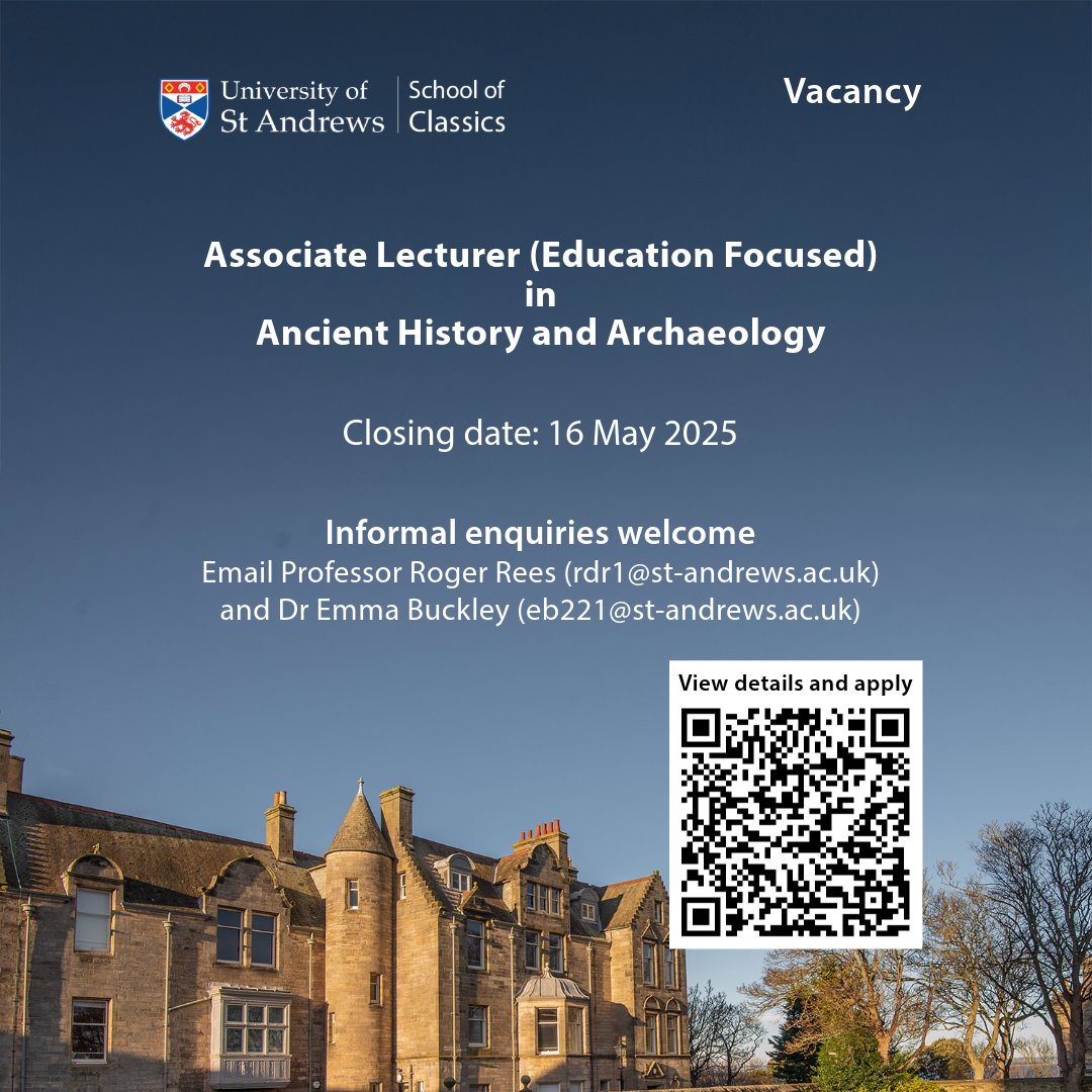 StA_Classics's tweet photo. We're seeking applications for a 12 month Associate Lecturer in Ancient History and Archaeology, to start 1 September.

⏰Closing date: 16 May.

Informal enquiries welcome. 
Two online information sessions will be held on 8 May.
https://t.co/M04HJqBFxd

#Vacancy #ClassicsTwitter https://t.co/9DbOLR1t5m