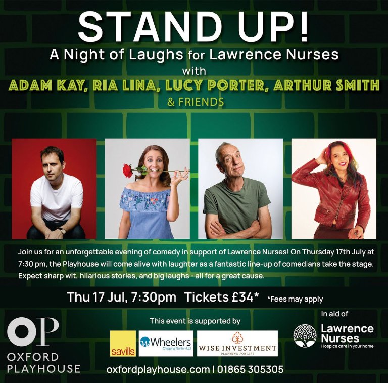 Have an evening full of laughs in #Oxford AND raise money for the fantastic charity, Lawrence Nurses!

Lucy is joining <a href="/ArfurSmith/">Arthur Smith</a>, @RiaLina_ &amp; <a href="/amateuradam/">Adam Kay</a> for Stand Up! at Oxford Playhouse on 17th July!

🎟️ oxfordplayhouse.com/events/stand-u…