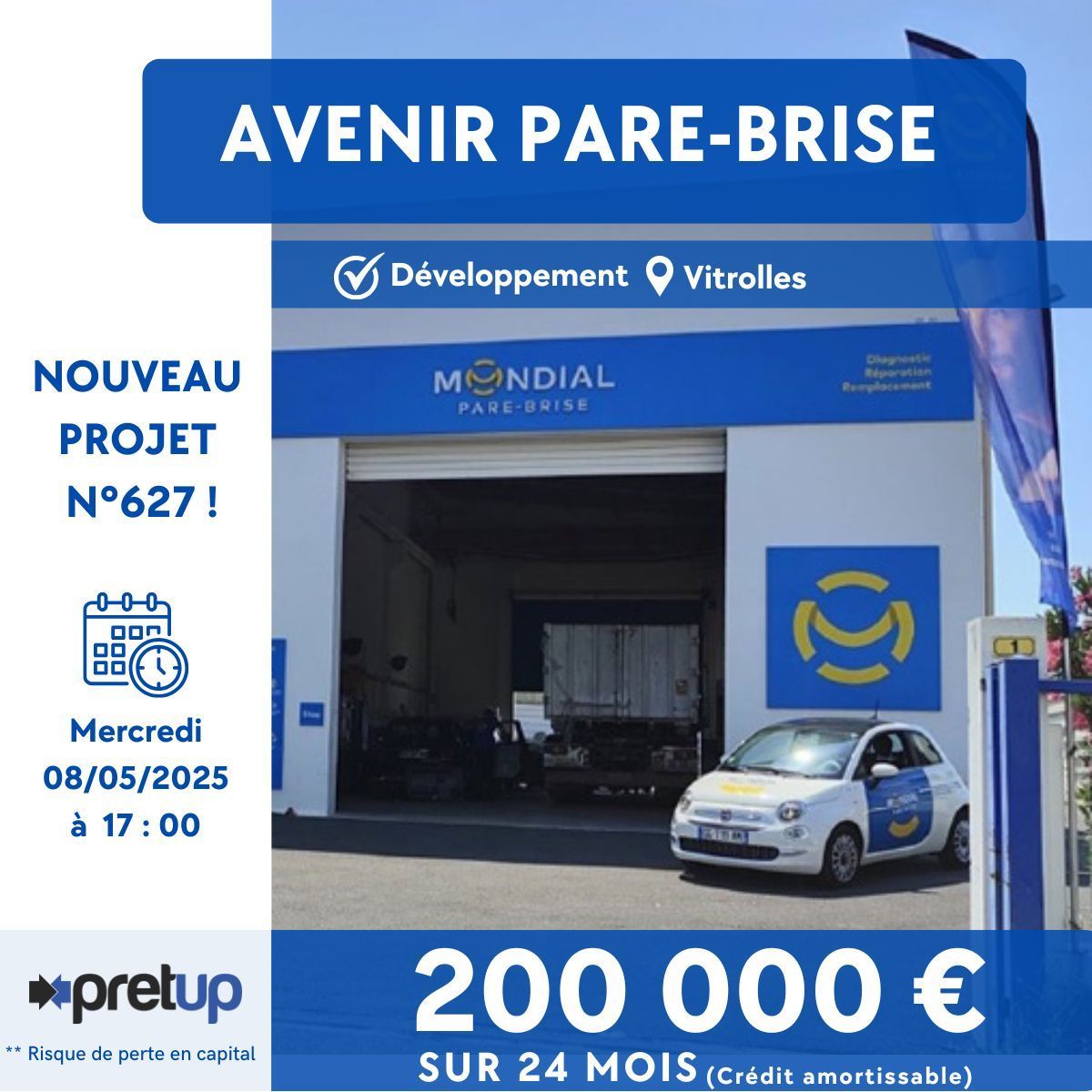 ⚡Nouveau projet n°628
Prépublication du projet "AVENIR PARE-BRISE" : 200 000 € recherchés sur 24 mois (crédit amortissable) pour financer le développement de la société
Ouverture de la collecte demain à 17h
monespace.pretup.fr/avenirparebris…
 
Risque de non remboursement du capital prêté