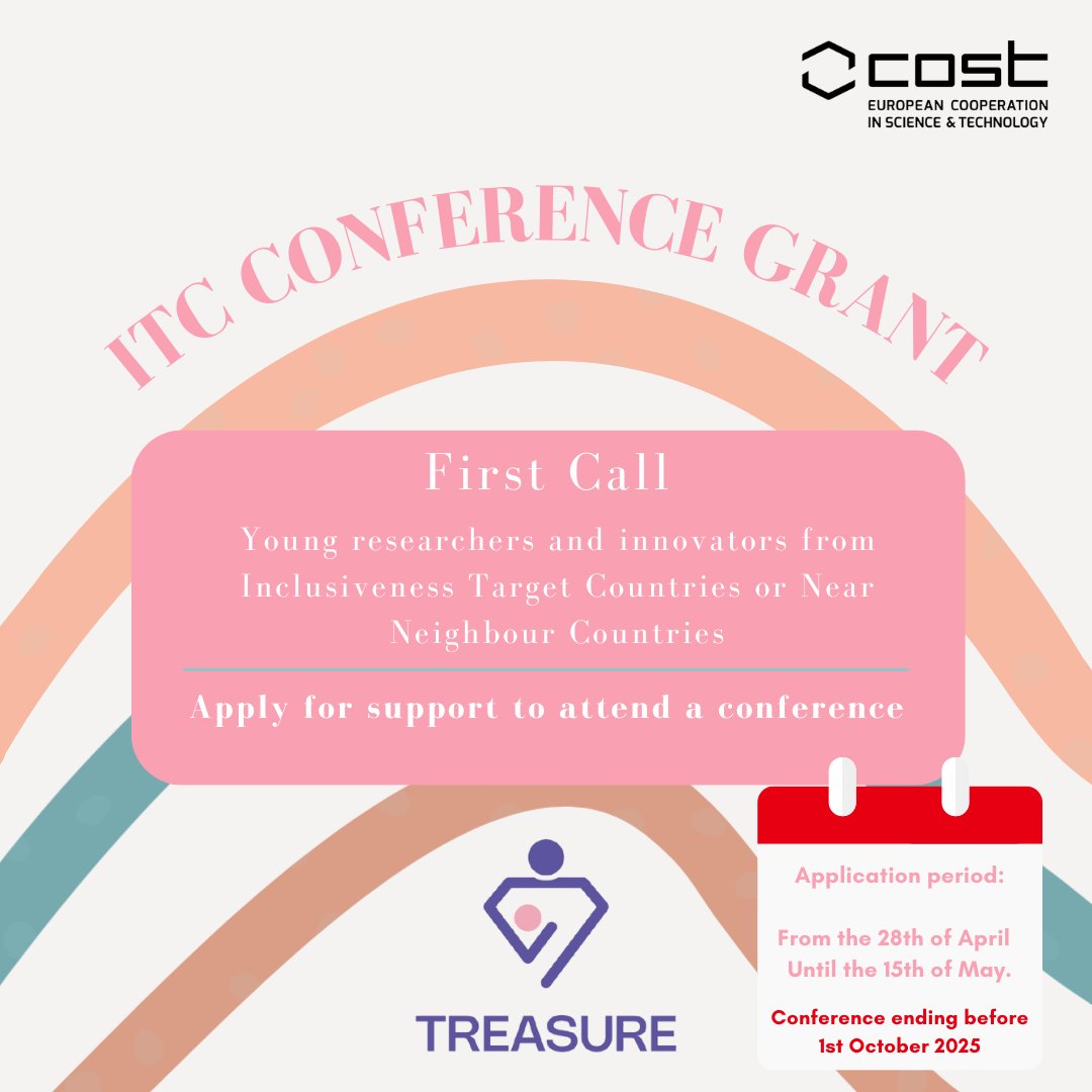 Are you a young researcher or innovator (under 40) affiliated with an institution in an Inclusiveness Target Country or Near Neighbour Country?🌍

This is your opportunity to receive support to attend a conference.

🔗Learn more and apply:
treasurecost.eu/2025/04/29/fir…