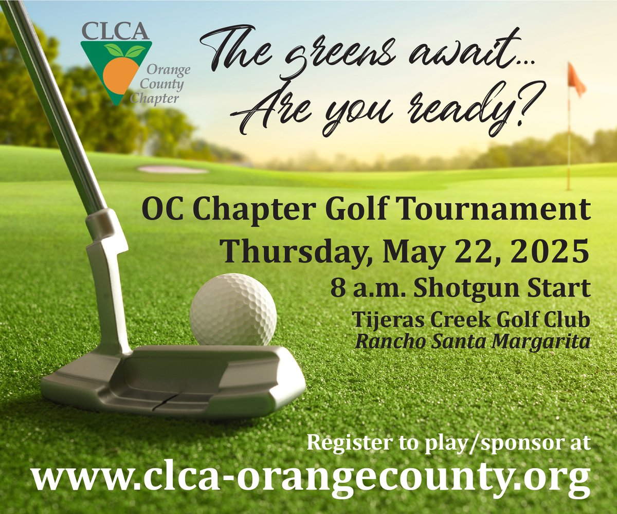 CLCAOCChapter's tweet image. Register for the CLCA OC Golf Tournament set for Thursday, May 22, at the Tijeras Creek Golf Club in RSM. Lots of sponsorship opportunities available too. Don’t miss your chance to play what the SCPGA calls “Orange County’s Best 18 Holes.” Link to register lp.constantcontactpages.com/ev/reg/pcsx6xj