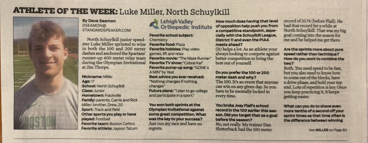 Congratulations to Spartan, Luke Miller, on being selected as the Republican Herald HS Athlete of the Week!