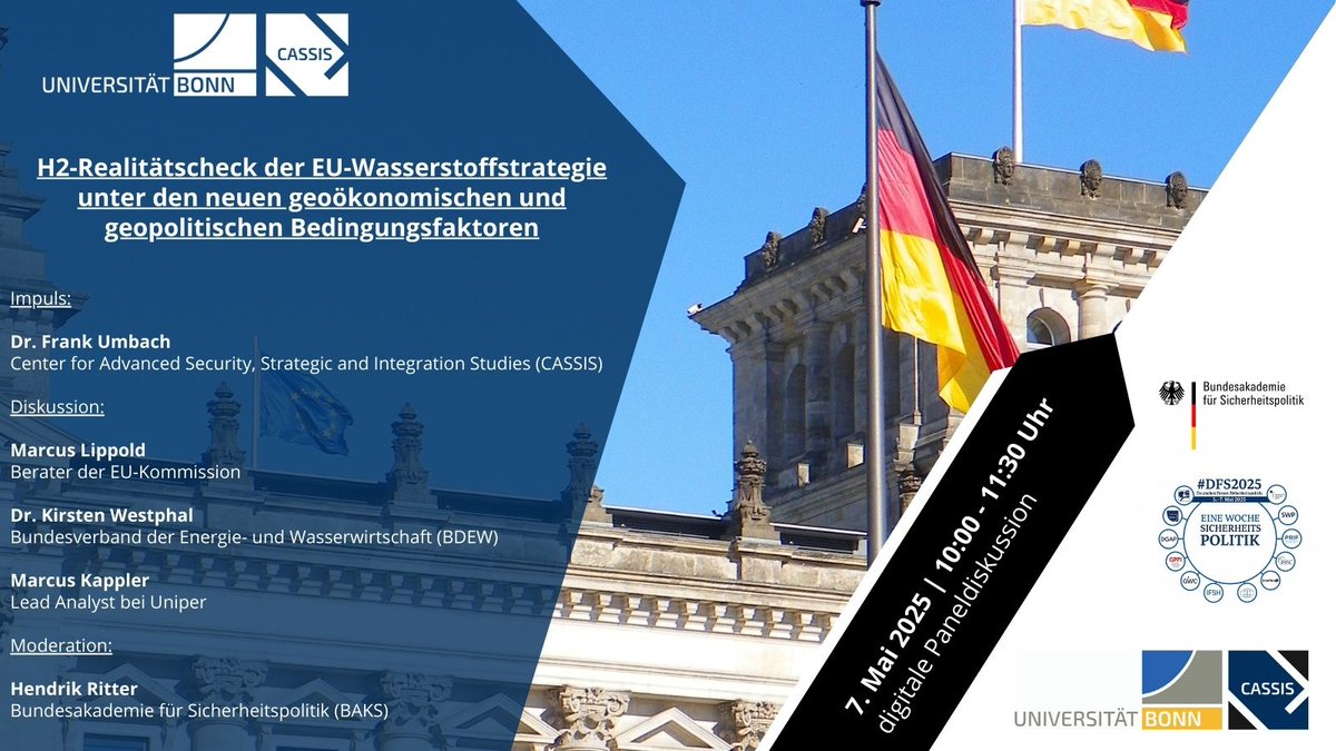 CASSIS Bonn (@cassis_bonn) on Twitter photo ❗Reminder: Morgen um 10:00 Uhr startet die digitale Paneldiskussion „H2-Realitätscheck der EU-Wasserstoffstrategie“ mit <a href="/mlippold/">Markus</a>, <a href="/kirstenwestpha1/">Kirsten Westphal</a>, <a href="/Panke_Ritter/">Hendrik Ritter</a>, Dr. Frank Umbach & Marcus Kappler – moderiert von <a href="/CASSIS_Bonn/">CASSIS Bonn</a>.
💻 Online
👉 tinyurl.com/4x26beuw ❗Reminder: Morgen um 10:00 Uhr startet die digitale Paneldiskussion „H2-Realitätscheck der EU-Wasserstoffstrategie“ mit <a href="/mlippold/">Markus</a>, <a href="/kirstenwestpha1/">Kirsten Westphal</a>, <a href="/Panke_Ritter/">Hendrik Ritter</a>, Dr. Frank Umbach & Marcus Kappler – moderiert von <a href="/CASSIS_Bonn/">CASSIS Bonn</a>.
💻 Online
👉 tinyurl.com/4x26beuw
