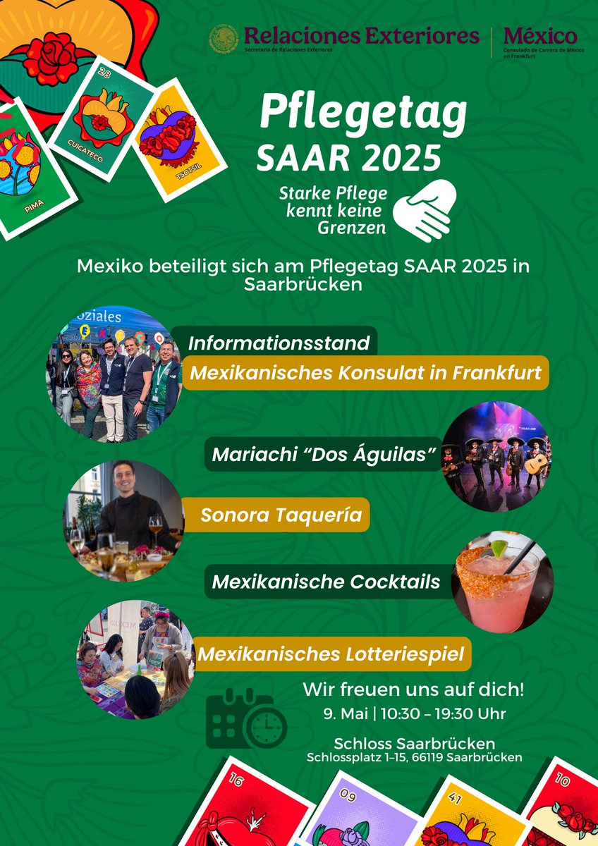 ¡Este 9 de mayo, México presente en el #PflegetagSAAR2025!
☑️Stand informativo de nuestro Consulado 🇲🇽: protección preventiva y servicios consulares
☑️🎻Mariachi Dos Águilas en vivo
☑️Gastronomía 🌮 y cultura
¡Entrada gratuita!
📍Schloss Saarbrücken🇩🇪
🕚10:30–19:30hrs