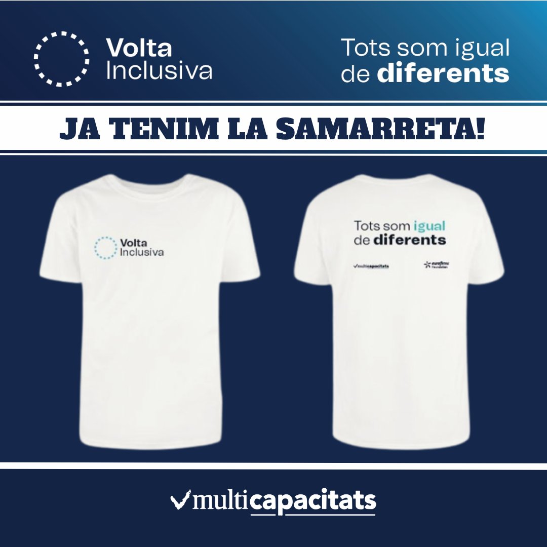 Ja tenim la samarreta oficial de la Volta Inclusiva #TotsSomIgualDeDiferents 
La podreu recollir a l'espai de La Pineda, #SantGregori  el dissabte 10 de maig de 17 h a 19 h i el diumenge 11 de maig de 8h a 9:30 hores
Us estarem esperant! 
✍️ Inscripcions: multicapacitats.playoffinformatica.com/actividad/24/V…
