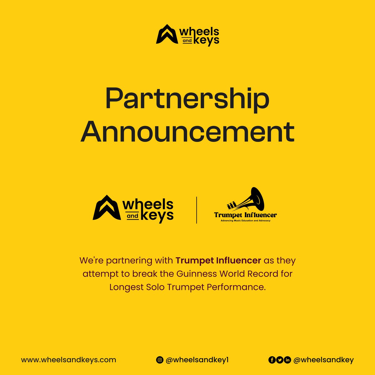 wheelsandkeys's tweet image. We are partnering with the trumpet influencer as their official car rental service provider.
Join @Officialbossbos as he attempts to break the Guinness world record for the longest solo trumpet performance.
#guinness #wheelsandkeys #CarRentalNigeria #guinessbookofworldrecord