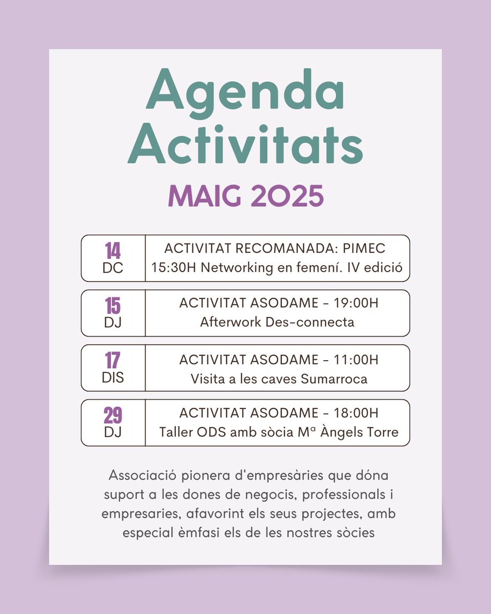 👋#ASODAME, la vostra associació de #donesempresaries aquí a #Barcelona, estem molt contentes de compartir amb vosaltres l'agenda d'activitats per aquest mes de #maig de 2025  asodame.com/calendari-asod…