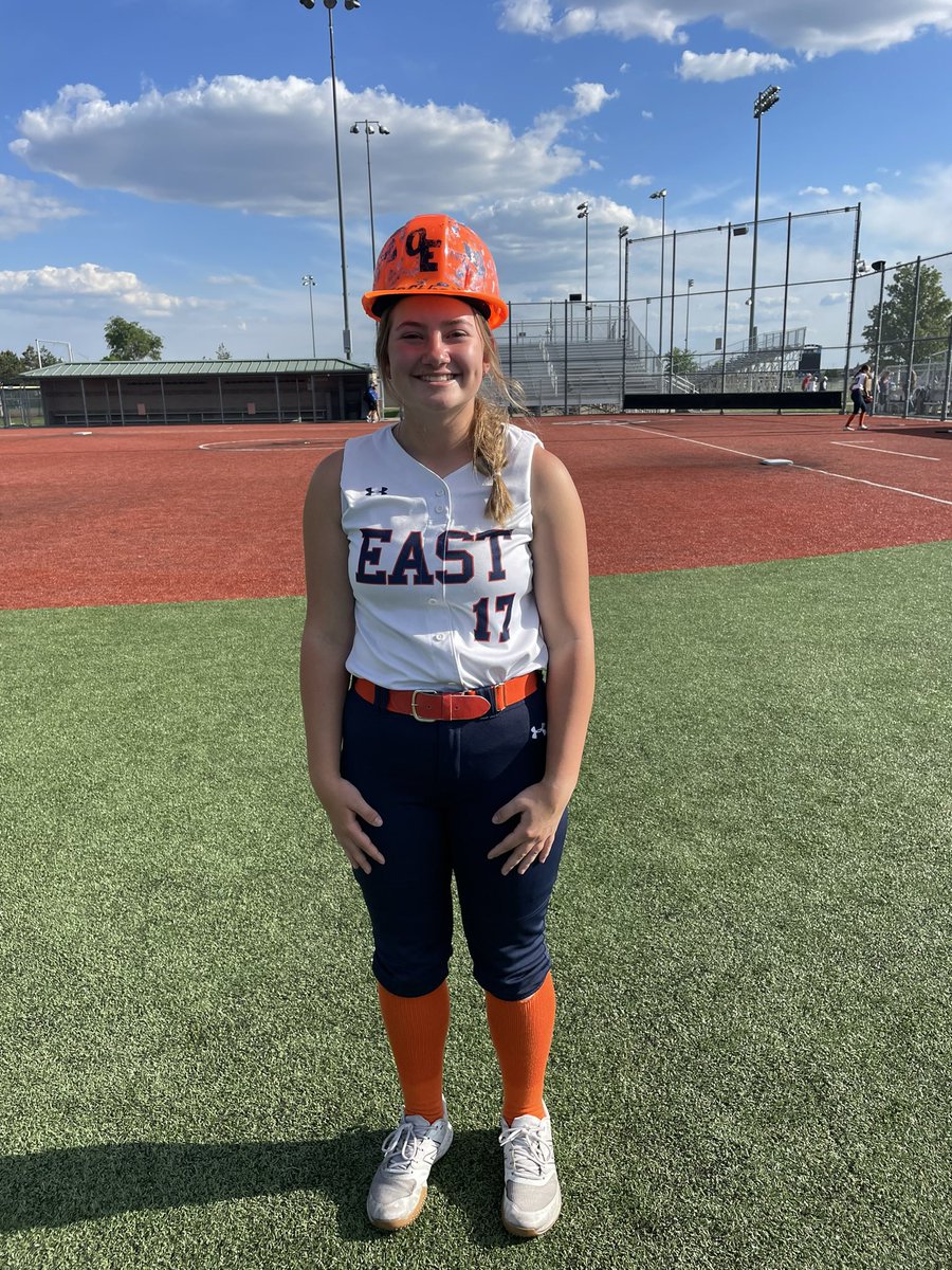 Ada passed the hard hat on to Presley Theel! Presley has shown so much growth and mental toughness this season, racking up 23 hits for the Hawks and working her tail off in the outfield! Proud of you Pres! #Team>Self 🧡🥎💙