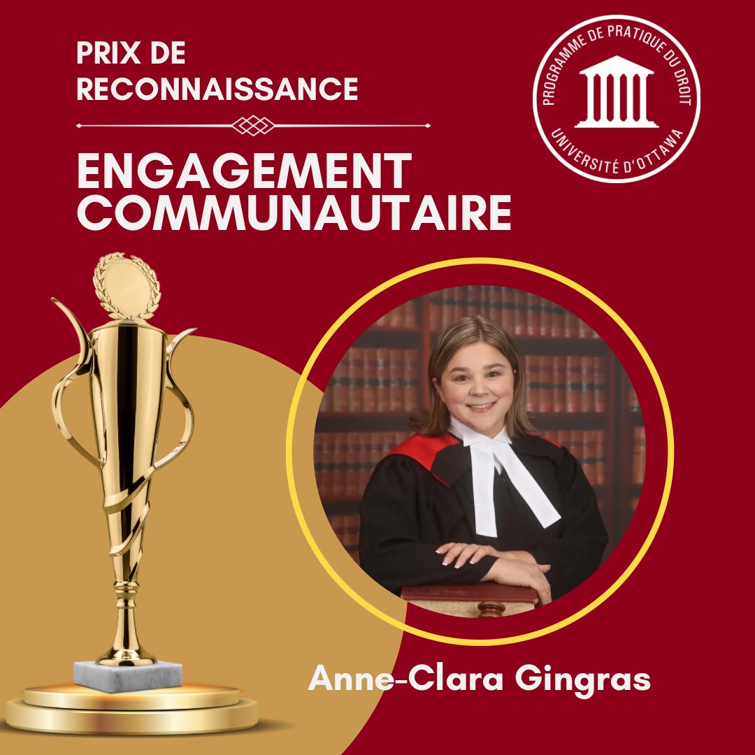 🏆Ce prix de reconnaissance est décerné à une personne candidate qui s'est distinguée par son implication remarquable au sein de sa communauté, que ce soit dans le domaine juridique ou dans d'autres secteurs d'activité.

Félicitations à Mme Anne-Clara Gingras.