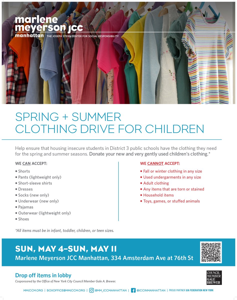 Upper West Side Coalition (@uwscoalition) on Twitter photo This week ๐๏ธ donate your new and very gently used spring/summer clothing to help kids in need ๐๐ฉณ๐
Donations welcome in the lobby of <a href="/MM_JCCManhattan/">Marlene Meyerson JCC Manhattan</a> through May 11.
๐334 Amsterdam Ave at 76th St This week ๐๏ธ donate your new and very gently used spring/summer clothing to help kids in need ๐๐ฉณ๐
Donations welcome in the lobby of <a href="/MM_JCCManhattan/">Marlene Meyerson JCC Manhattan</a> through May 11.
๐334 Amsterdam Ave at 76th St