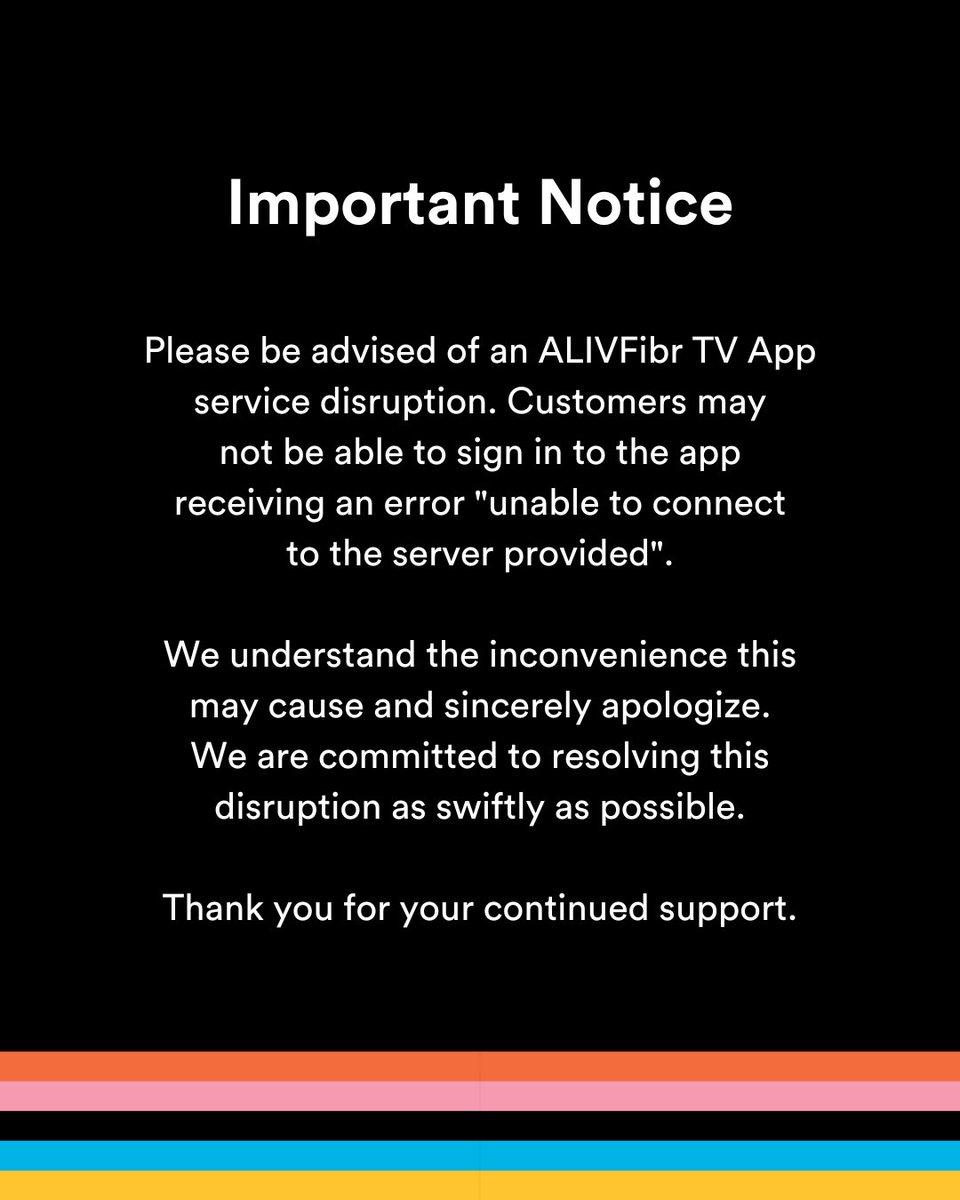 ‼️ Important Notice ‼️ 

The ALIVFibr TV App is currently down. We apologise for any trouble this may cause and appreciate your understanding. Rest assured, we are working hard to fix this issue quickly. Thank you for your patience.