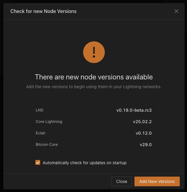 lightningpolar's tweet image. ⚡️ New node releases now available in Polar 🚀
LND v0.19.0-beta.rc3
Core Lightning v25.02.2
Eclair v0.12.0
Bitcoin Core v29.0
Check for node updates in the app to start using the latest updates.