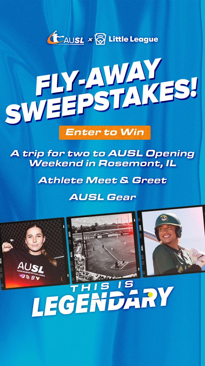 FLY-AWAY SWEEPSTAKES!

Enter to win a trip for two to AUSL Opening Weekend June 7-8 in Rosemont, IL ✈️

🔗 theausl.com/fly-away-sweep…

#AUSL x @littleleague