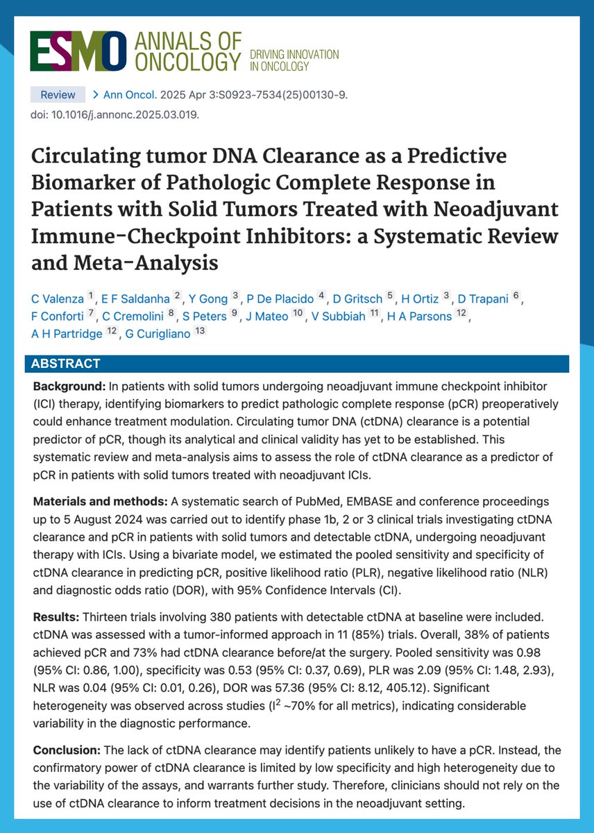 Dana-Farber’s Breast Oncology Center (@dfci_breastonc) on Twitter photo Check out this recent <a href="/Annals_Oncology/">Annals of Oncology</a> #ctDNA review and meta-analysis👉Circulating tumor DNA clearance as a predictive biomarker of pathologic complete response in patients with solid tumors treated with neoadjuvant immune checkpoint inhibitors.
👉pubmed.ncbi.nlm.nih.gov/40187491/ Check out this recent <a href="/Annals_Oncology/">Annals of Oncology</a> #ctDNA review and meta-analysis👉Circulating tumor DNA clearance as a predictive biomarker of pathologic complete response in patients with solid tumors treated with neoadjuvant immune checkpoint inhibitors.
👉pubmed.ncbi.nlm.nih.gov/40187491/