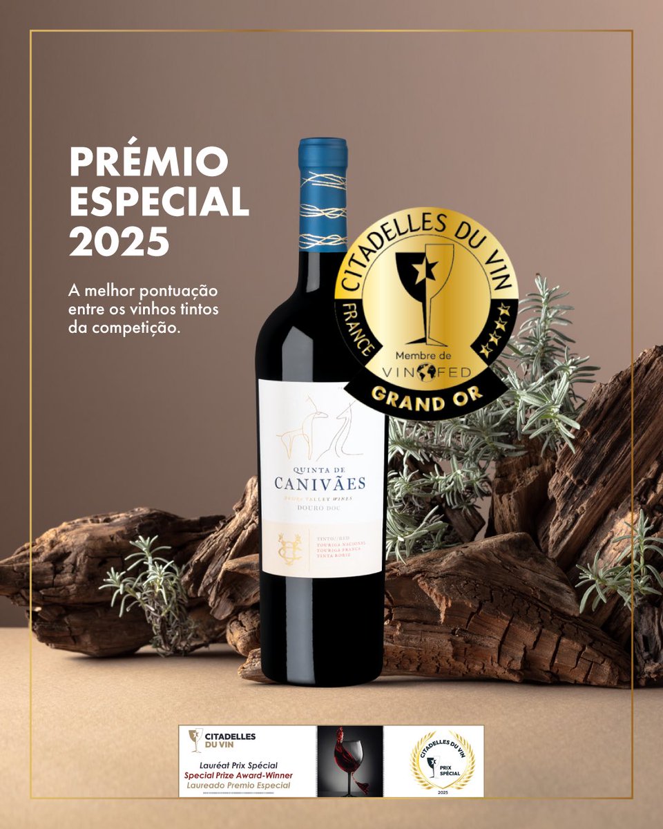O nosso Quinta de Canivães DOC Douro 2020 foi distinguido com Prémio Especial 2025 no Citadelles du Vin! Este prémio é atribuído ao vinho com o melhor score entre os tintos secos da competição. Além deste grande sucesso, ainda conquistámos Medalhas de Grande Ouro, Ouro e Prata.🥂