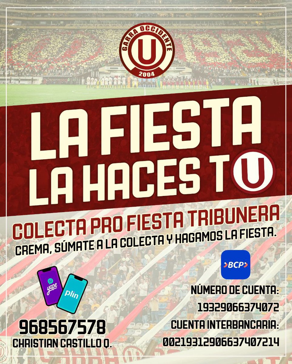🥳 Se viene una nueva final este jueves ante IDV por Copa Libertadores. GARRAⓊOCCIDENTE está realizando una colecta pro fiesta tribunera y necesita del apoyo de todos para recibir al equipo a lo GRANDE.

#LaFiestaLaHacesTU