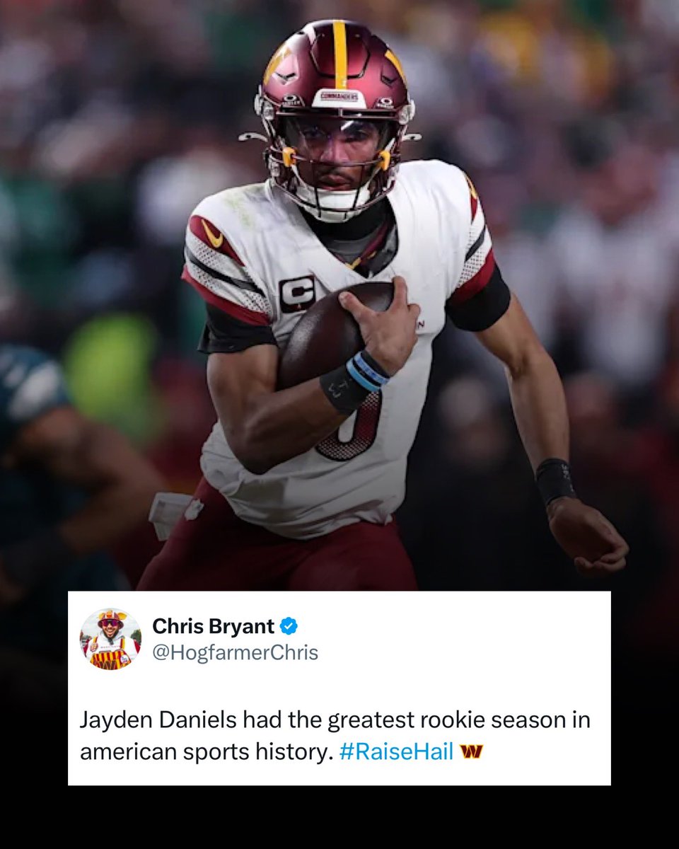 JPAFootball (@jasrifootball) on Twitter photo 𝗧𝗥𝗨𝗘 𝗢𝗥 𝗙𝗔𝗟𝗦𝗘: #Commanders QB Jayden Daniels had the best rookie season in history — in any sport.
(via: <a href="/HogfarmerChris/">Chris Bryant</a>) 𝗧𝗥𝗨𝗘 𝗢𝗥 𝗙𝗔𝗟𝗦𝗘: #Commanders QB Jayden Daniels had the best rookie season in history — in any sport.
(via: <a href="/HogfarmerChris/">Chris Bryant</a>)