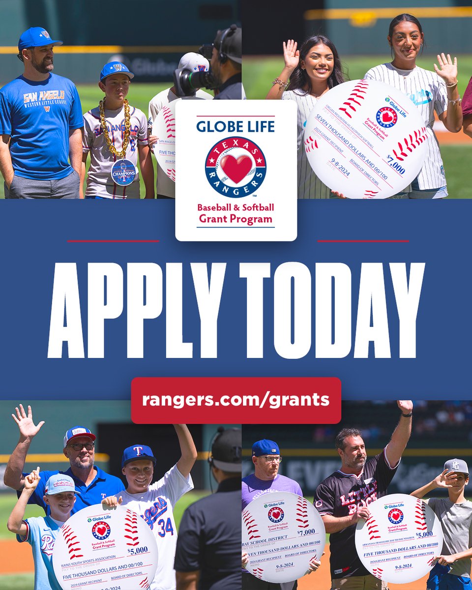 Support your youth baseball or softball organization by submitting an application for a Globe Life Texas Rangers Baseball and Softball Grant by Friday, June 27! Grants may be used for field renovations, equipment needs, uniforms, and league development.

To apply, visit