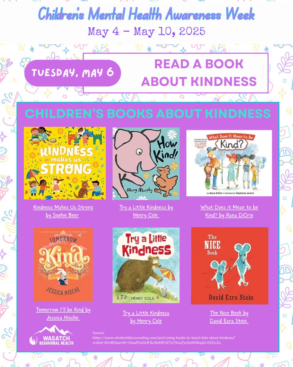 It's Day 3 of Children's Mental Health Awareness Week. Today's activity is to read a book about kindness. Reading with your children about kindness can serve as a reminder to remember manners, respect one another, &amp; can be a bonding experience for you &amp; your child.