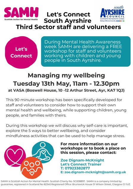 VASA (@vasouthayrshire) on Twitter photo Managing my wellbeing workshop, Tuesday 13th May at VASA's offices, please book by emailing Zoe.Dignam@samh.org.uk Managing my wellbeing workshop, Tuesday 13th May at VASA's offices, please book by emailing Zoe.Dignam@samh.org.uk