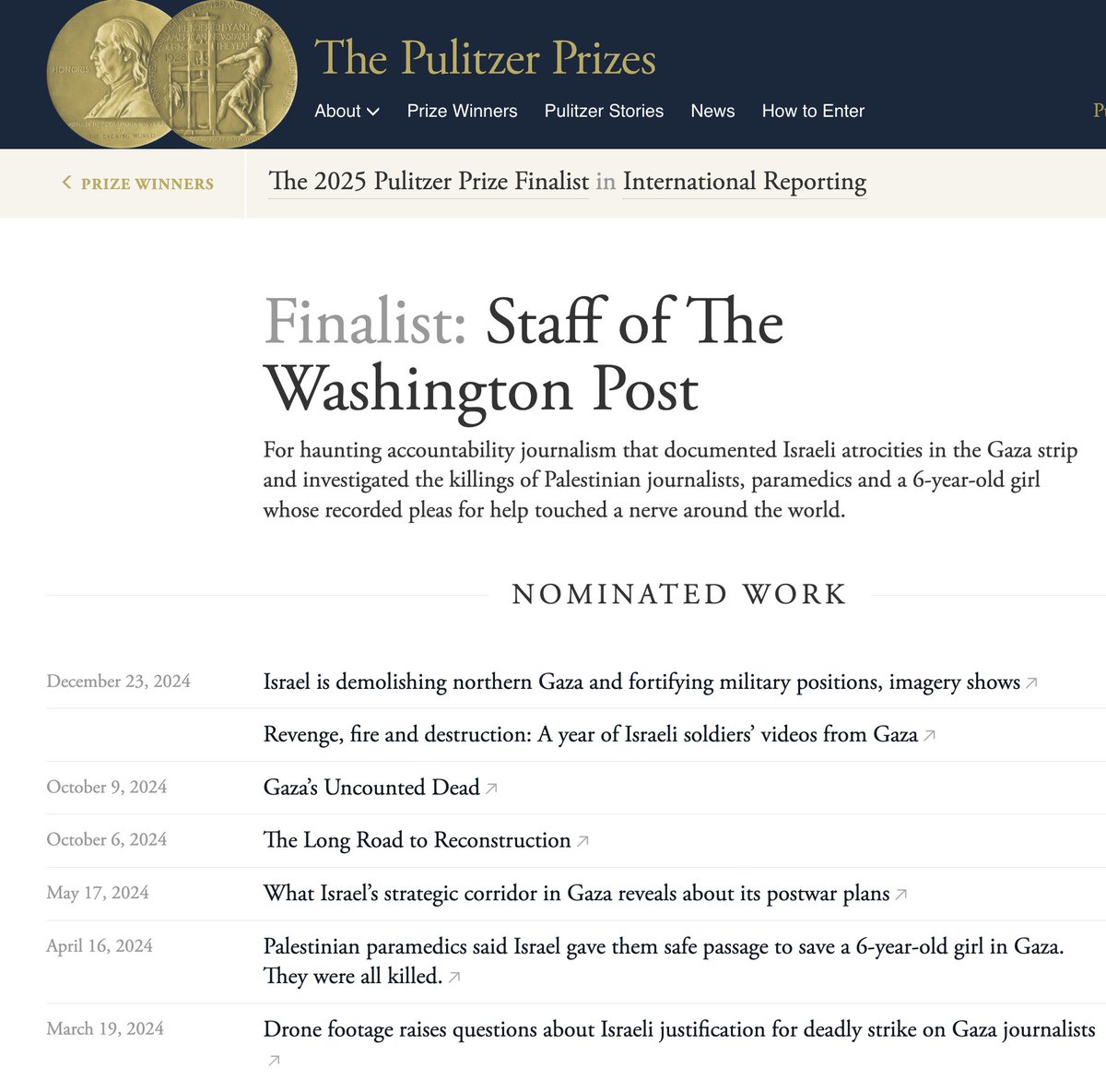 Our Visual Forensics/International coverage of Israeli atrocities in Gaza was announced as a Pulitzer Prize finalist!

The nominated stories were reported with rigor and care. They center human stories and harness innovative techniques to uncover hidden truths from afar.
