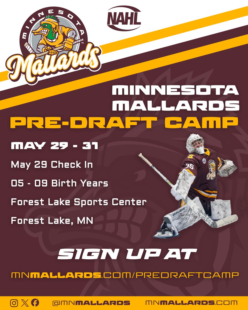 The Minnesota Mallards Pre-Draft Camp is set for May 29–31 at Forest Lake Sports Center! Open to 2005–2009 birth years. Sign up now at mnmallards.com/predraftcamp and show us what you’ve got! #MallardsHockey #JoinTheFlock #NAHL