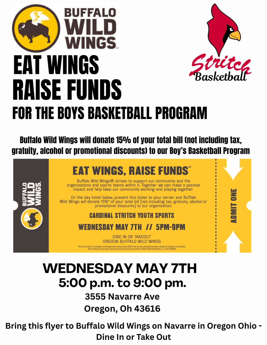 ❗️EAT WINGS❗️
❗️RAISE FUNDS❗️
Inviting you all to come and help support the Cardinal Stritch Boys Basketball Program with our fundraiser tomorrow with Buffalo Wild Wings on Navarre from 5-9pm.
