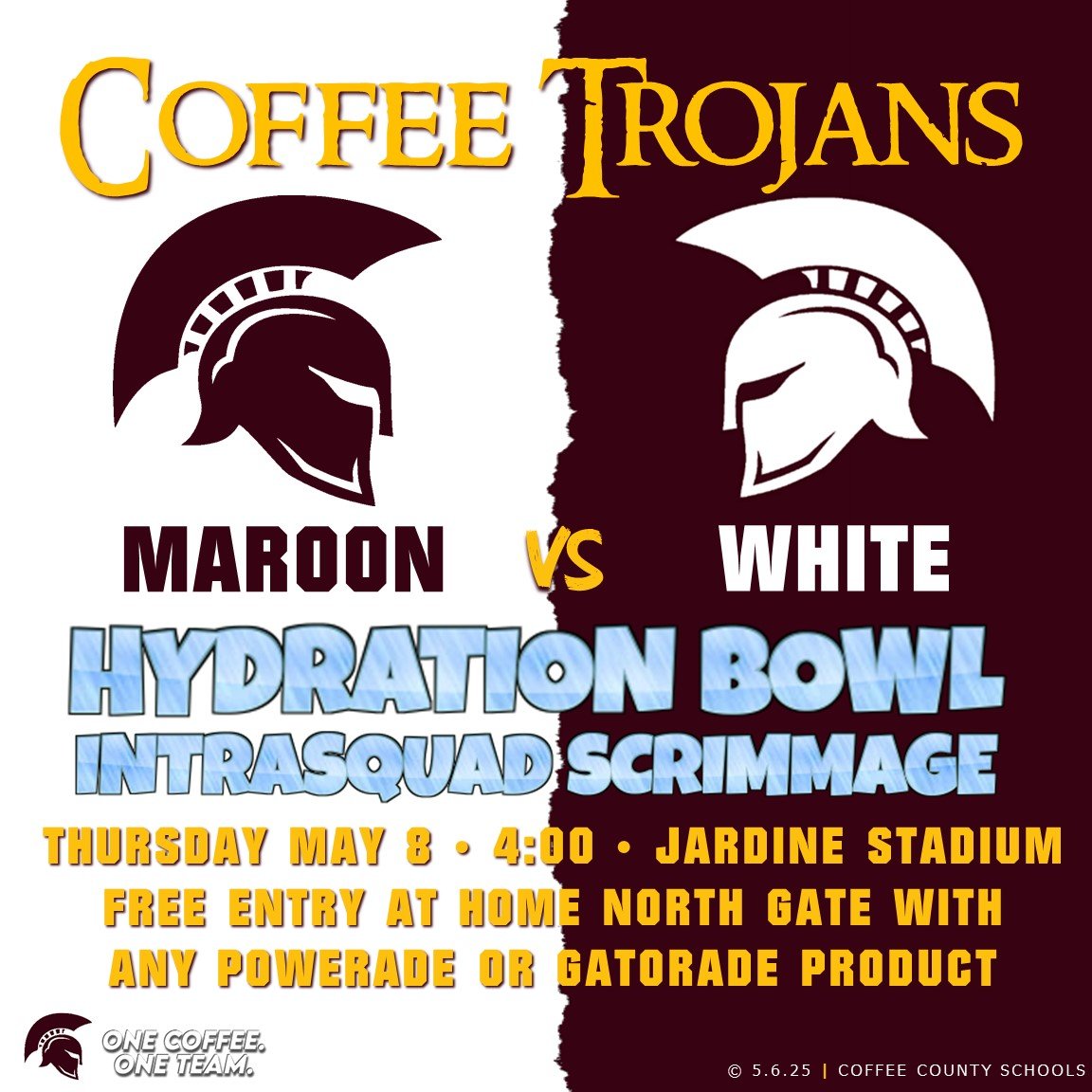 The 2025 Hydration Bowl is Thursday, May 8 at Jardine Stadium.  Kickoff is at 4:00.  Admission is FREE at the home side North gate with a donation of any Powerade or Gatorade product.  Come on out and  help the Trojans stock up for the heat of summer!