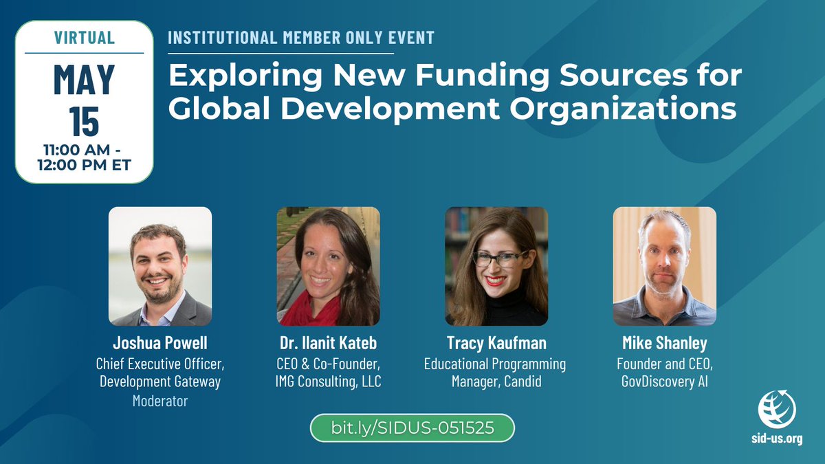 💲 Is your global development organization looking to expand its funding sources? Join us Thursday, May 15 for Exploring New Funding Sources for Global Development Organizations. This event is open to SID-US Institutional Members only. 

🎟️ Sign up today: buff.ly/i4go5x8