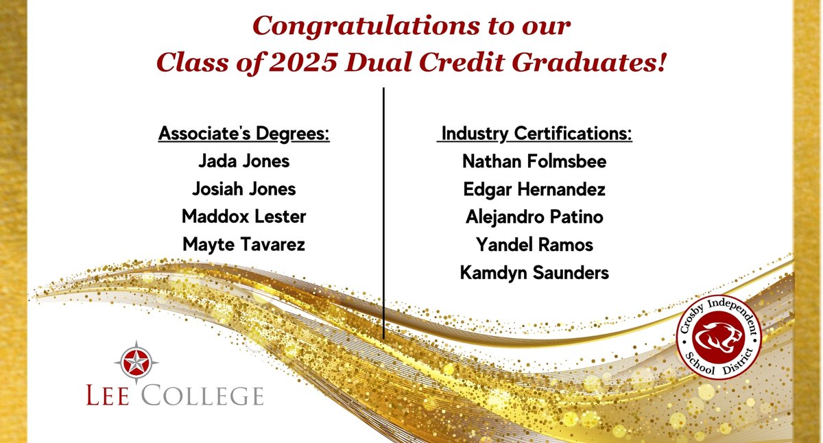 CLASS OF 2025!

Congratulation to these <a href="/CrosbyHigh/">Crosby High School</a> Dual Credit Graduates walking the stage at <a href="/leecollege/">Lee College</a> today! These students earned an associate's degree or industry certification.

#committedtoexcellence