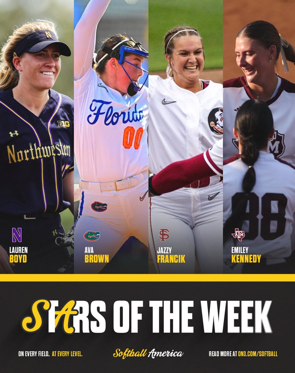 Softball America (@softbalamerica) on Twitter photo ⭐ The Final Stars of the Week ⭐
Lauren Boyd | <a href="/NUSBcats/">Northwestern Softball</a>
Ava Brown | <a href="/GatorsSB/">Gators Softball</a>
Jazzy Francik | <a href="/FSU_Softball/">Florida State Softball 🥎</a>
Emiley Kennedy | <a href="/AggieSoftball/">Texas A&M Softball</a>
on3.com/softball/news/… ⭐ The Final Stars of the Week ⭐
Lauren Boyd | <a href="/NUSBcats/">Northwestern Softball</a>
Ava Brown | <a href="/GatorsSB/">Gators Softball</a>
Jazzy Francik | <a href="/FSU_Softball/">Florida State Softball 🥎</a>
Emiley Kennedy | <a href="/AggieSoftball/">Texas A&M Softball</a>
on3.com/softball/news/…