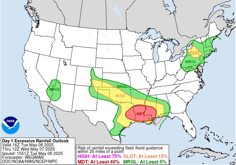 A MODERATE risk is in effect in our Day 1 Excessive Rainfall Outlook. More details: go.usa.gov/cu3Dw