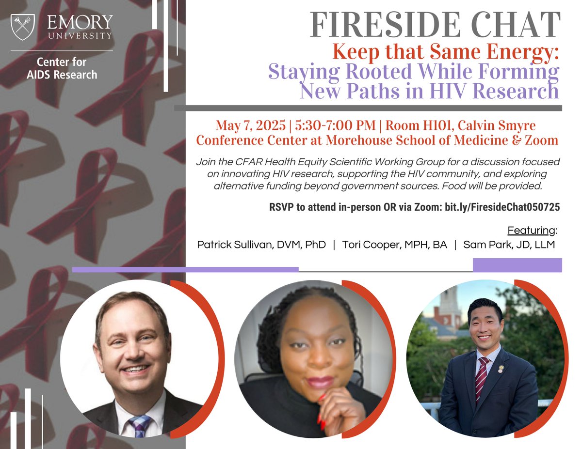Emory CFAR (@emorycfar) on Twitter photo TOMORROW (5/7) at 5:30PM, join us for our next "Fireside Chat: Forming New Paths in #HIV Research." Experts will lead a discussion on ways to think outside the box for next research proposals.
RSVP to attend at <a href="/MSMEDU/">Morehouse School of Medicine</a> or via Zoom: bit.ly/FiresideChat05… TOMORROW (5/7) at 5:30PM, join us for our next "Fireside Chat: Forming New Paths in #HIV Research." Experts will lead a discussion on ways to think outside the box for next research proposals.
RSVP to attend at <a href="/MSMEDU/">Morehouse School of Medicine</a> or via Zoom: bit.ly/FiresideChat05…