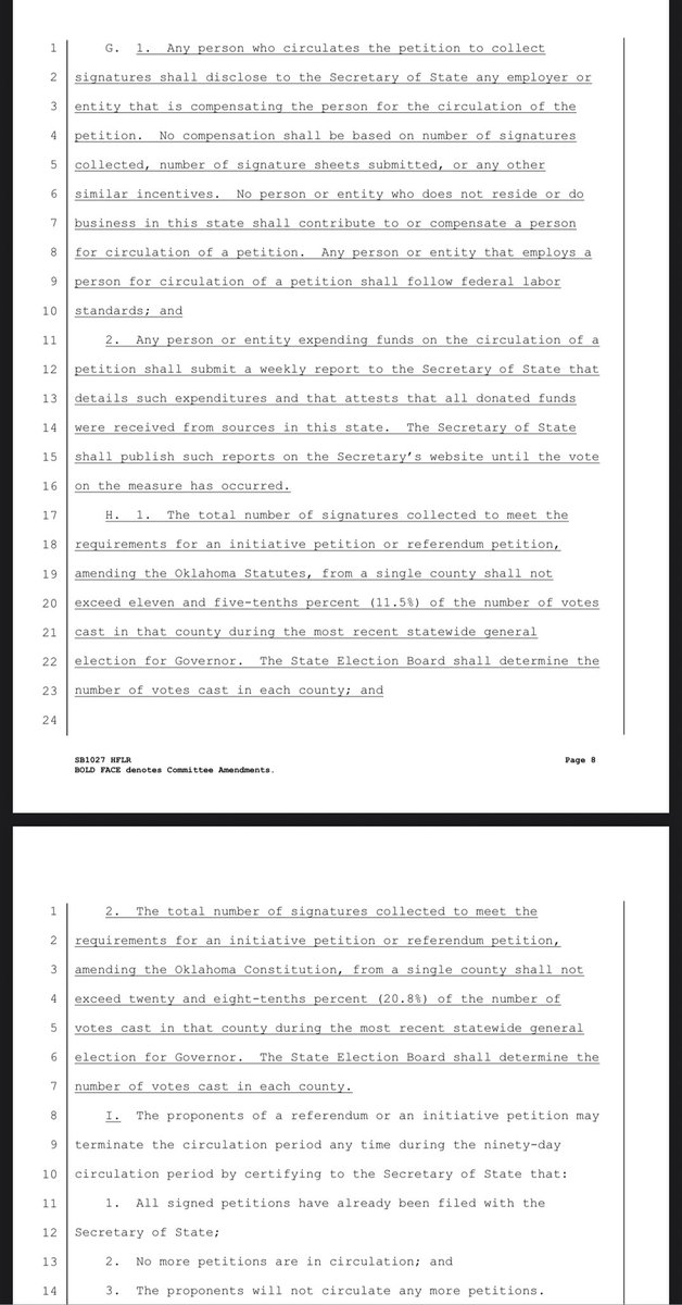 Speaking of the House agenda, SB 1027 proposes new limits on initiative petitions: all signature collectors must be #Oklahoma voters and display a sign if they're being paid: oklegislature.gov/cf_pdf/2025-26…

The bill limits a county's signatures to 11.5% of voters in last election. (1/2)