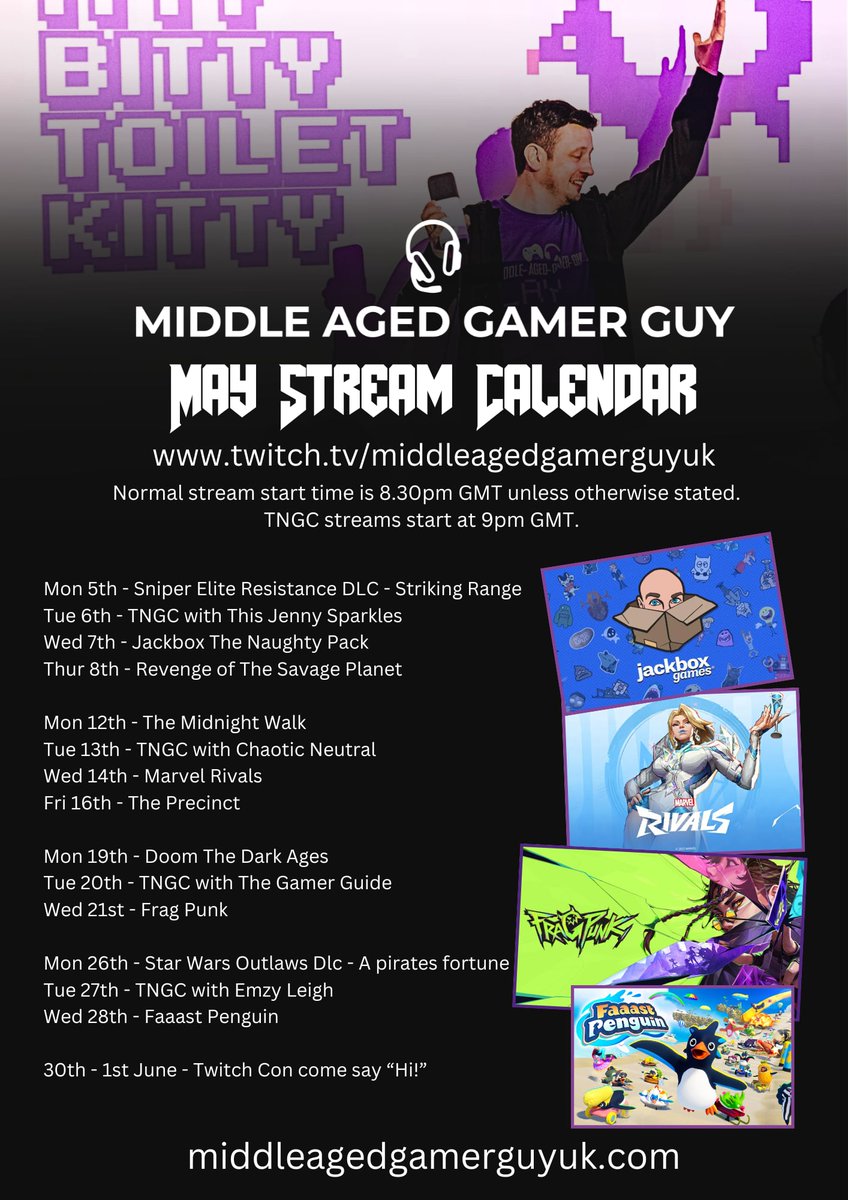 May's Schedule is now live with a ton of new games including Doom the Dark Ages, Revenge of The Savage Planet &amp; The Precinct  - 4 episodes of Tuesday Night Gaming Chat &amp; 4 lots of community nights. - for more details check out twitch.tv/middleagedgame…
