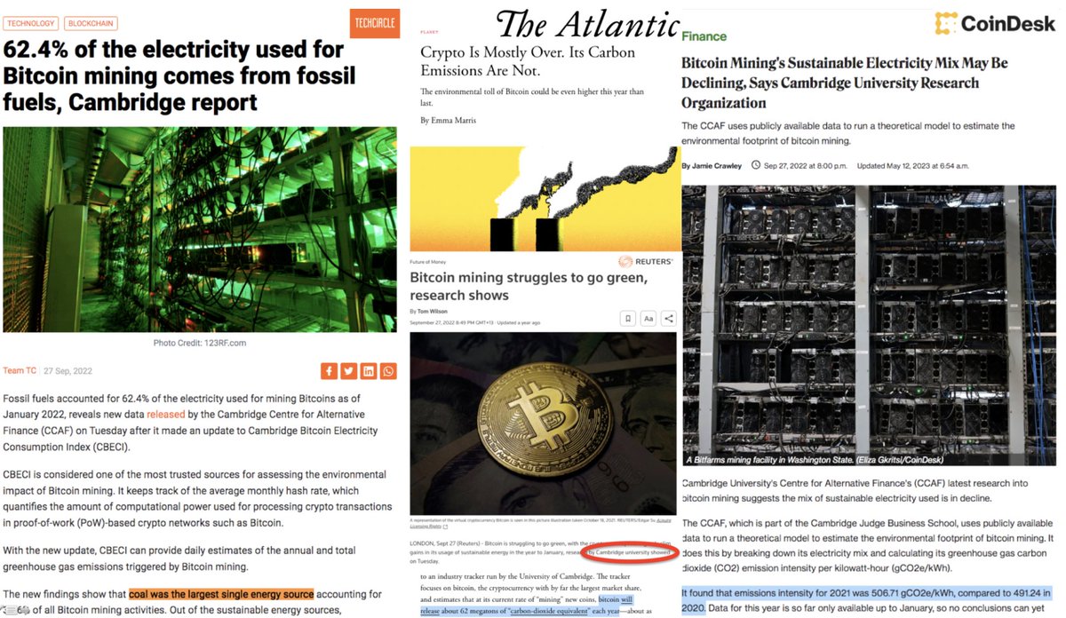 DSBatten's tweet image. In 2021-2, when Cambridge University reporting was showing Bitcoin was using 62.4% fossil fuel, The Altantic, Wired, Reuters, BBC, NBC, NYT, NewScientist, The Guardian all ran articles attacking Bitcoin mining, citing Cambridge.

In 2025, when Cambridge University reporting shows…