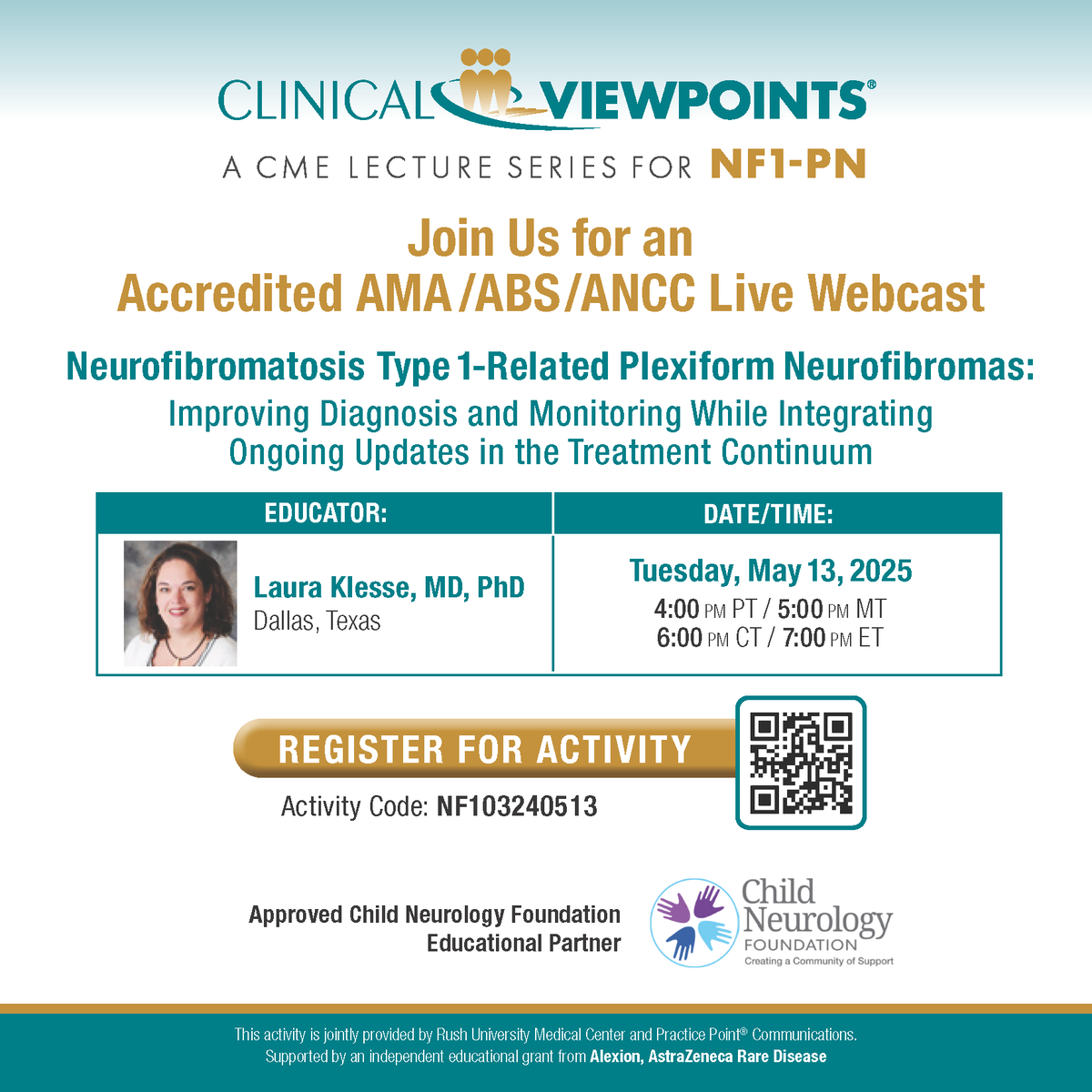 PracticePoint's tweet image. In support of NF1-PN awareness month, please join us for this live webcast with Dr. Laura Klesse!

Please visit nf1.clinicalviewpointscme.com/ActivityRegist… to register!

#freecme #practicepointcme #nf1pn #neurology #neurologycme