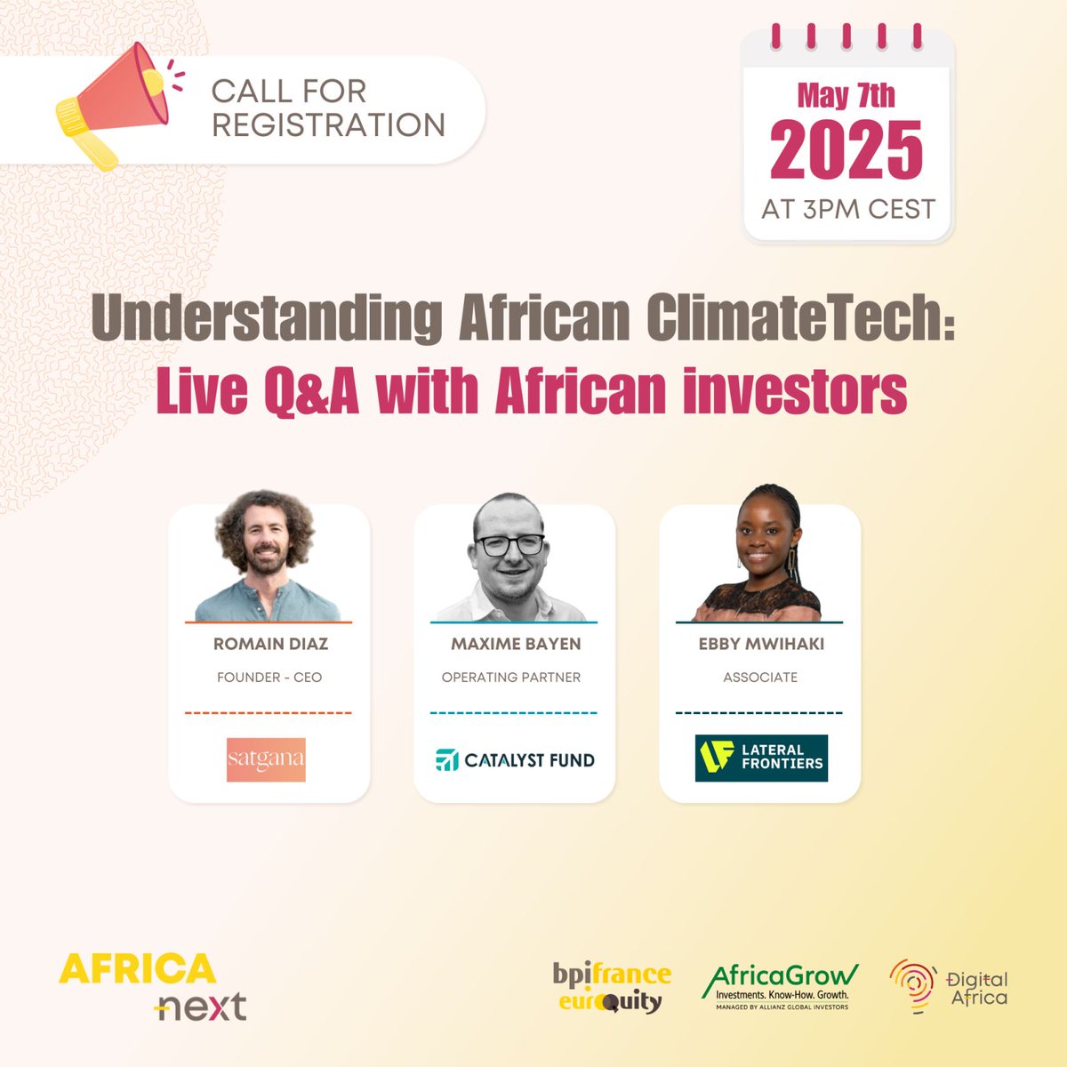 Satgana (@satgana_) on Twitter photo 🌍 Don’t miss our ClimateTech AMA TOMORROW at 3PM GMT!
Featuring top Africa investors incl. Satgana’s CEO <a href="/niamordiaz/">Romain Diaz</a>.
💡 Insights
🎤 Live Q&A
🤝 Networking
🔗 Register: zoom.us/webinar/regist… 🌍 Don’t miss our ClimateTech AMA TOMORROW at 3PM GMT!
Featuring top Africa investors incl. Satgana’s CEO <a href="/niamordiaz/">Romain Diaz</a>.
💡 Insights
🎤 Live Q&A
🤝 Networking
🔗 Register: zoom.us/webinar/regist…