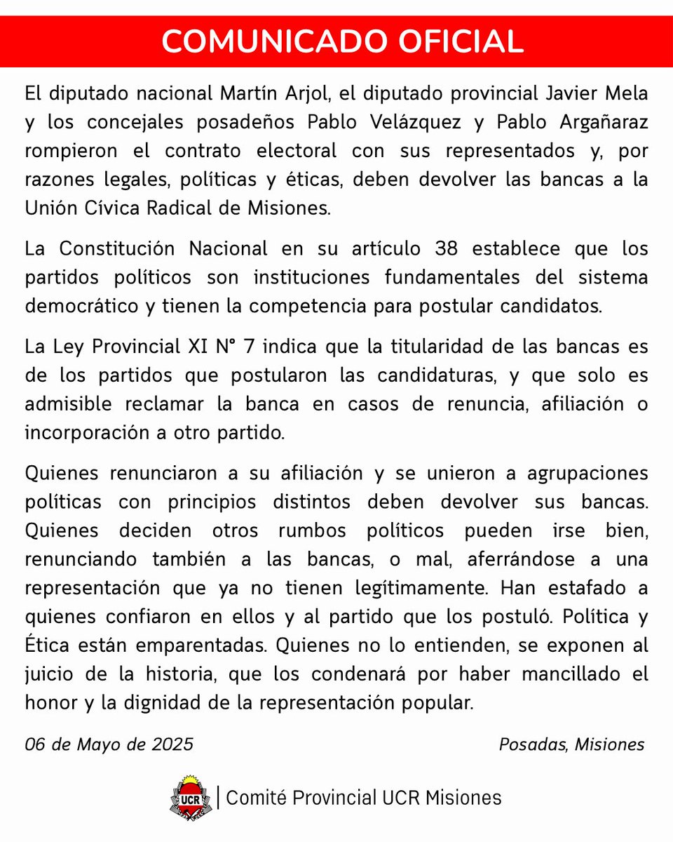 📄🎙️ Comunicado del Comité Central Provincial - La representación no se vende; las bancas deben ser devueltas.