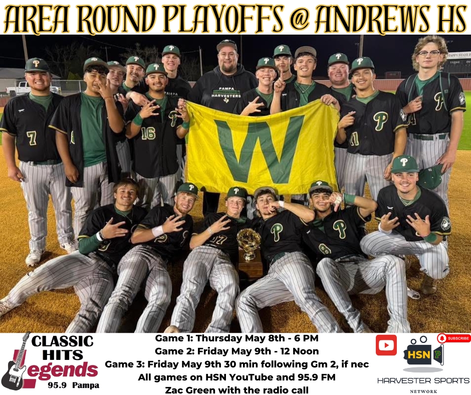 UIL has approved us to stream the Area Round Playoffs
Pampa v. El Paso Riverside at Andrews High School
All games on Harvester Sports Network YouTube and 95.9 FM