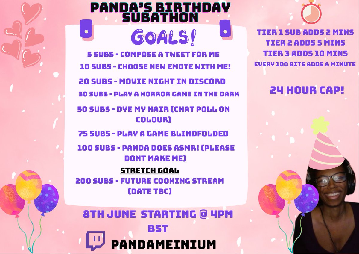 It's my birthday next month, woooooo! We'll be doing a good ol' fashioned subathon! I'm posting this now, because my dumb brain will forget to notify anyone that it's actually happening so :)))) You're all invited!! 🥰 See you there, maybe?!
